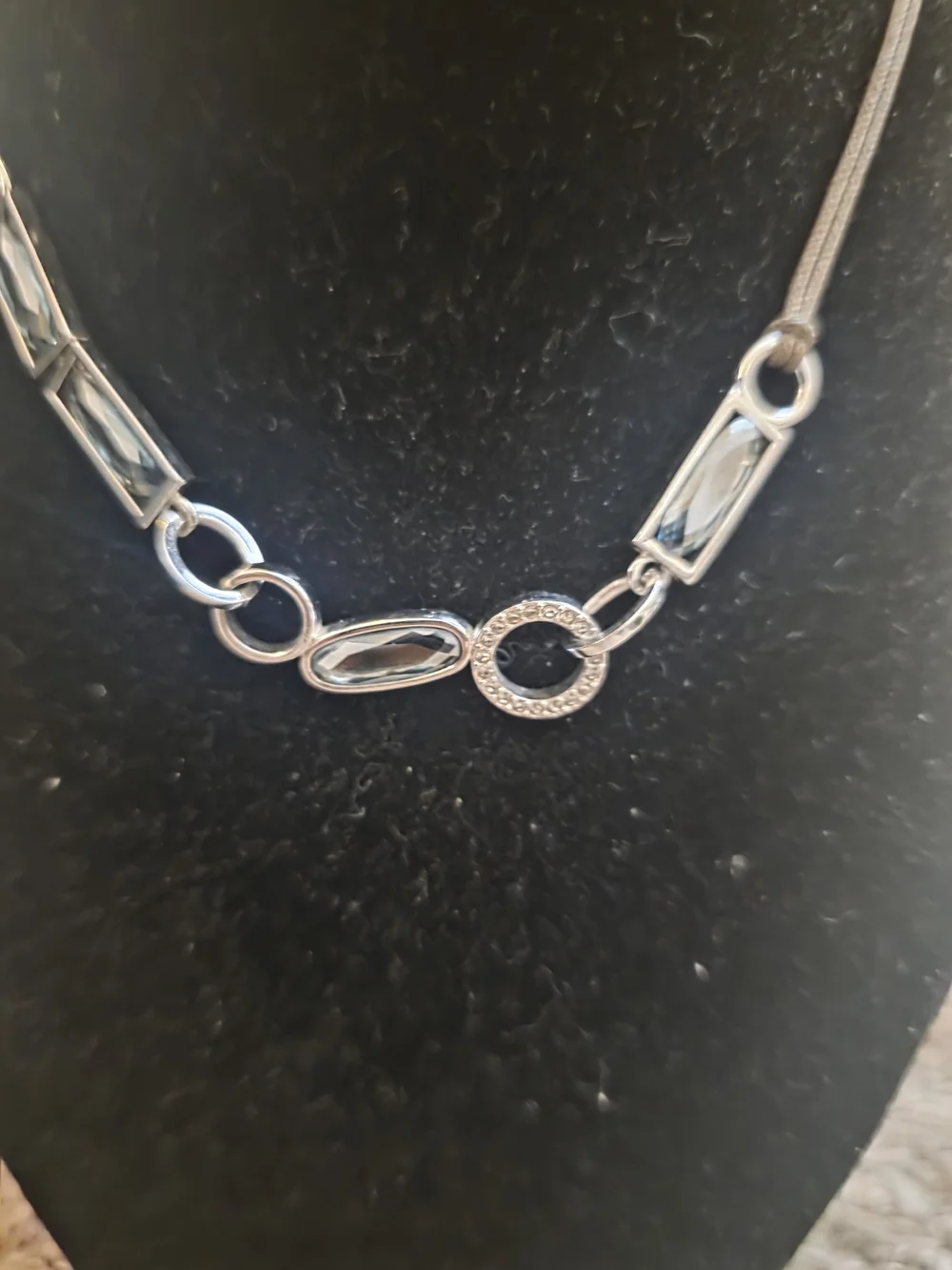 Silver & Blue Crystal Necklace with Brown Cord - Picture 5 of 5